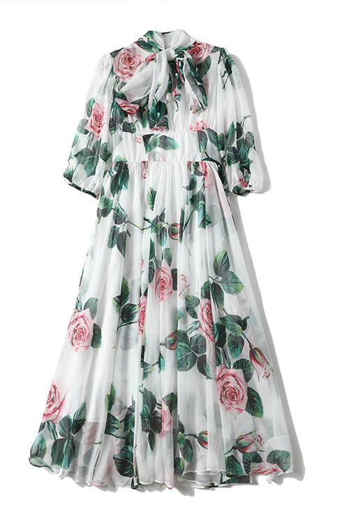 Runway Fashion Boho Chiffon Dress Bow-Neck, Lantern Sleeve, Floral Print Holiday, Cocktail, Party Women's Dress